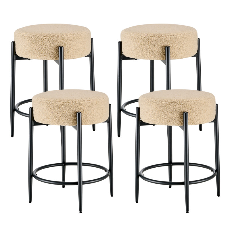 Modern Dining Chair Set, 23.6" Counter Height Stools with Round Soft Padded Boucle Backless Seat, Beige