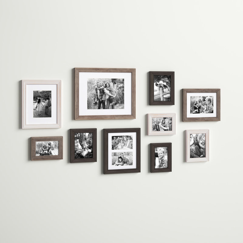 Rayburn Solid + Manufactured Wood Picture Frame - Set of 10 with Mat, White Wash/Charcoal Grey/Rustic Grey