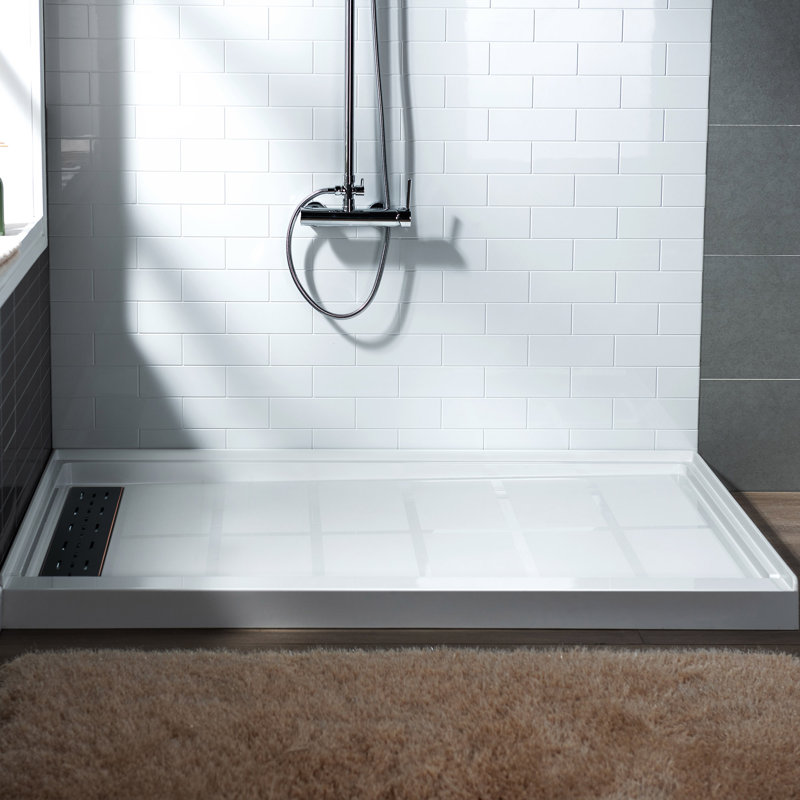 60" x 36" Solid Surface Single Threshold Shower Pan Base with Drain Assembly & Drain Cover Included, Non-Slip, Left