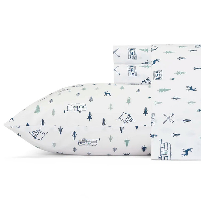 Campout Blue Graphic Cotton Percale Twin XL Sheet Set
