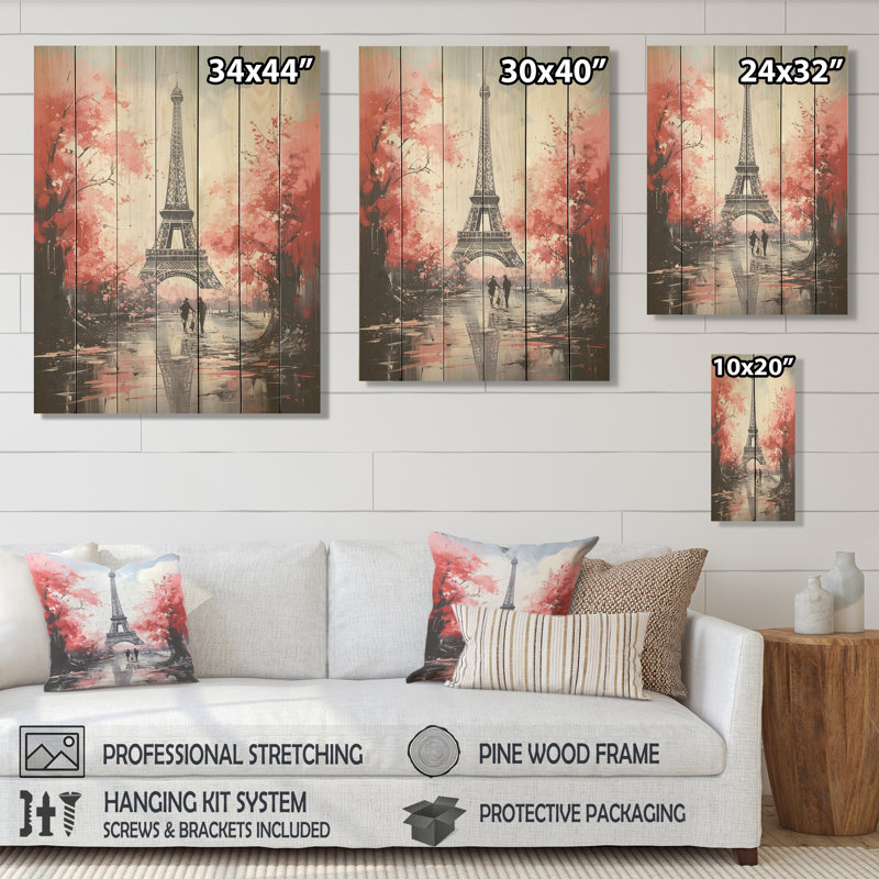 Tour Eiffel rose à Paris - Paris sur impression sur bois, H 40 po x l 30 po