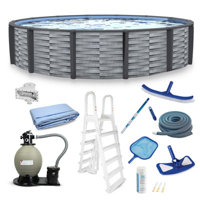 Blue Wave Affinity 24-ft Round 52-in Deep Hard Sided Above Ground Pool with Resin Top Seats & Verticals, 1.5 HP Dual-Speed Sand Filter System, Ladder, Liner, Skimmer & Maintenance Kit – 12,600 Gal Cap