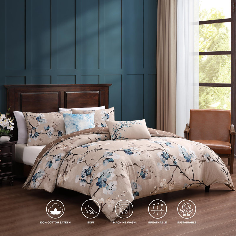 Taupe and Blue Cotton Queen Reversible Comforter Set