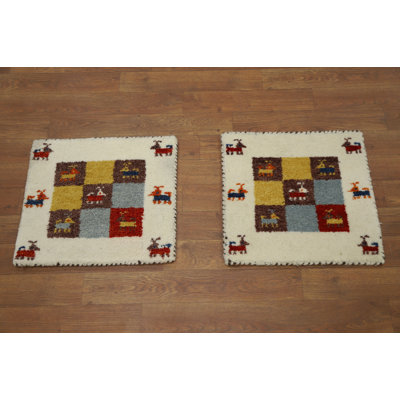 Set of Two Gabbeh Style Handmade Wool Accent Rugs 1x1