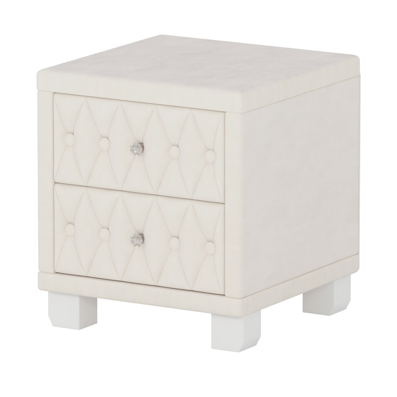 Graceful, Beige, Velvet Bedside Table, 2 Drawers, Crystal - Trimmed Handles, Button Aesthetic, Spacious Storage Exquisite, Knob Luxury, , Functional