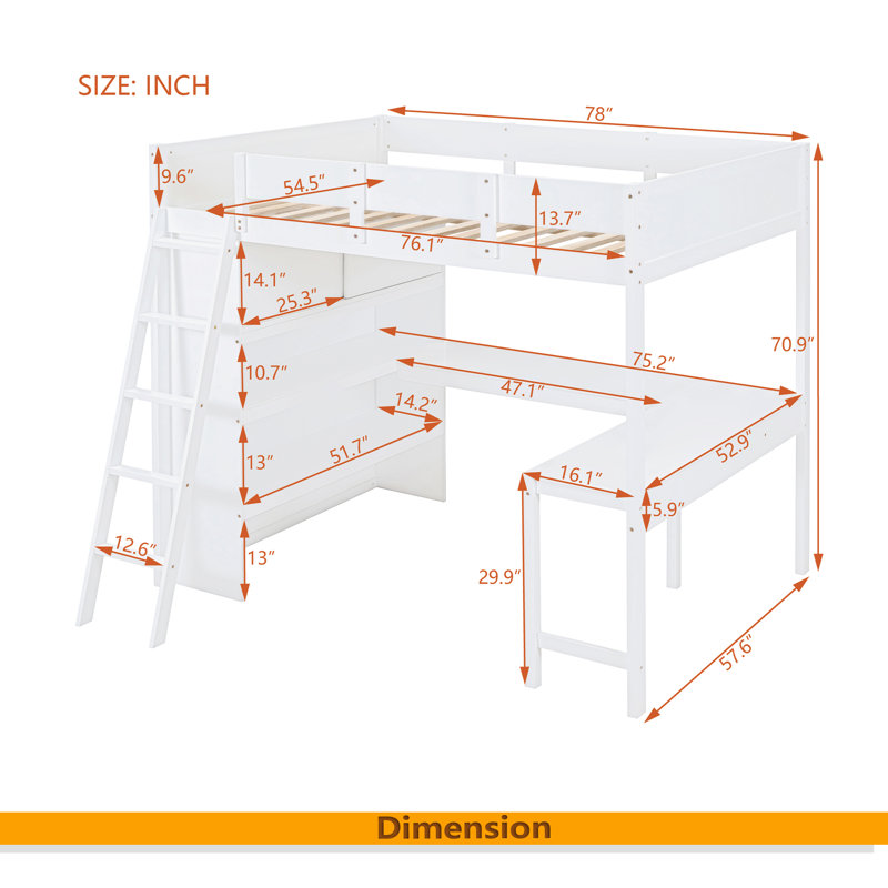 Lit mezzanine double avec bureau et tablette, Blanc