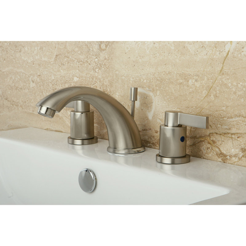 Kingston Brass NuvoFusion Two-Handle 3-Hole Deck Mount Widespread Bathroom Faucet with Retail Pop-Up Drain, Brushed Nickel