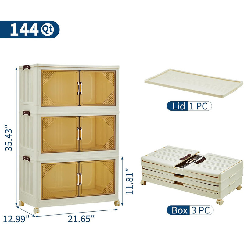 144QT-630QT Stackable Storage Bins with Magnetic Doors & Wheels, Foldable Plastic Storage Drawers