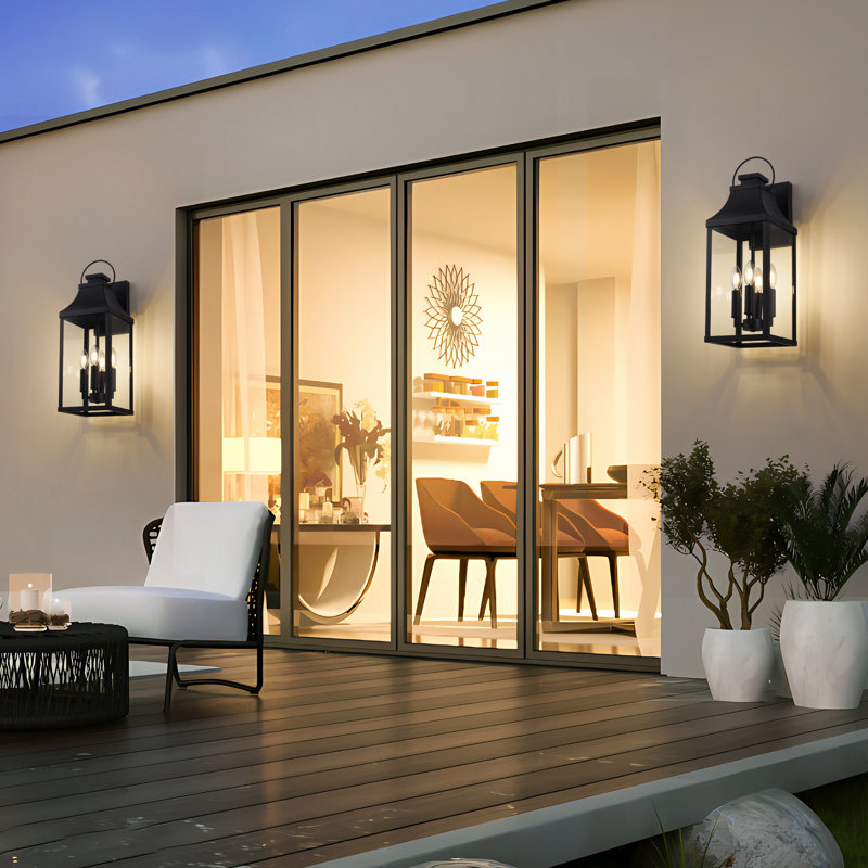 4 lumières 26 po Luminaire mural d'extérieur noir, lanterne murale imperméable, applique murale de porte de ferme câblée