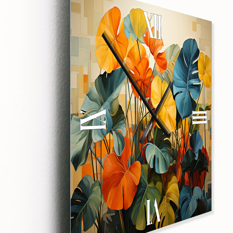 Horloge murale en métal orange et vert plantes tropicales II, Petit