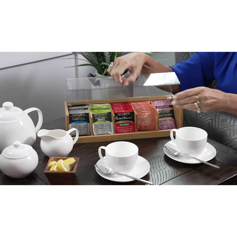 Natural Bamboo and Acrylic 5-Section Tea Box Organizer