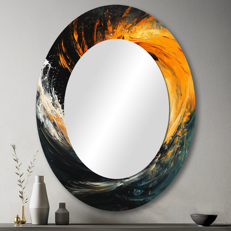 Yellow And Black Auroras Fractal Edge III - Abstract Oval Decorative Mirror On Metal, 43" x 33"