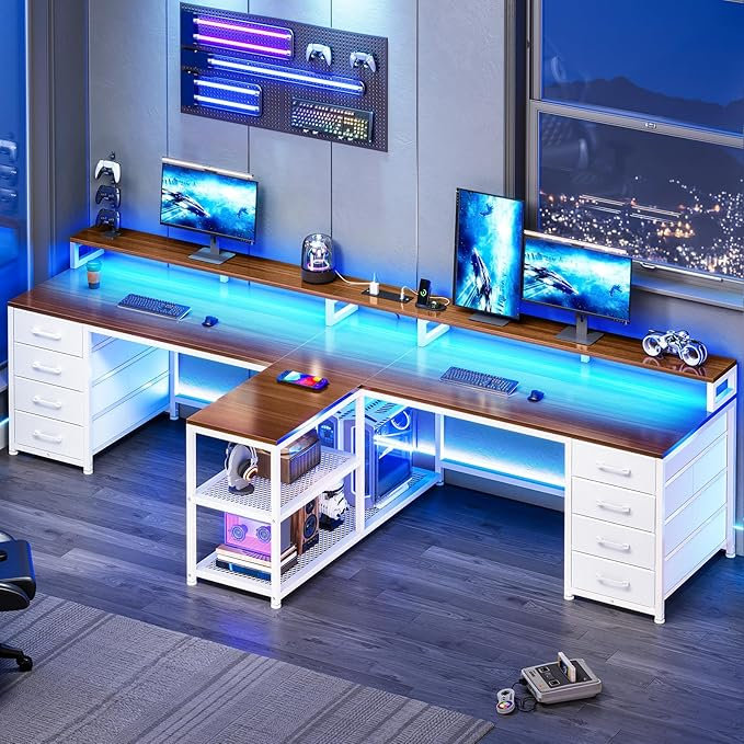 Bureau de jeu 94,5 po pour 2 personnes, bureau d'ordinateur long avec 8 tiroirs et lumières DEL, Brown/White