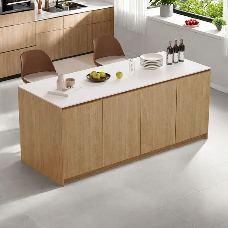 Kitchen Island with Marble Top and Solid Wood Base, Natural Wood