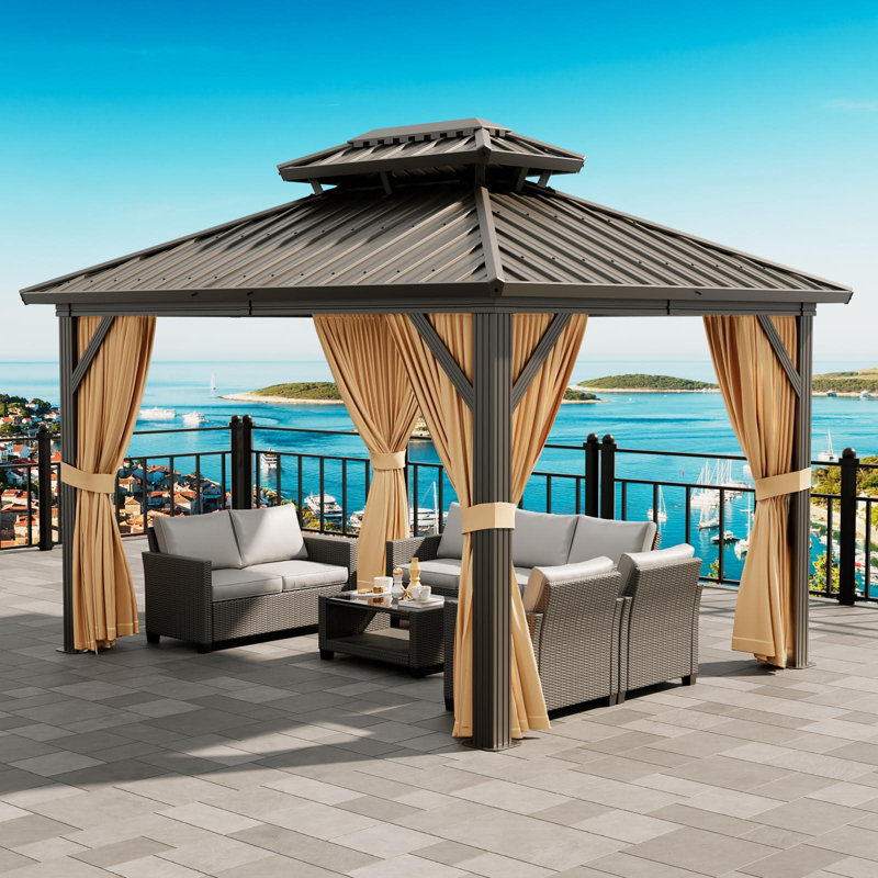 Heavy-Duty 10x12 FT Aluminum Hardtop Gazebo – Double-Layer Iron Roof, UV-Resistant Outdoor Pavilion, Retractable Curtains & Netting – Vertical design, Khaki