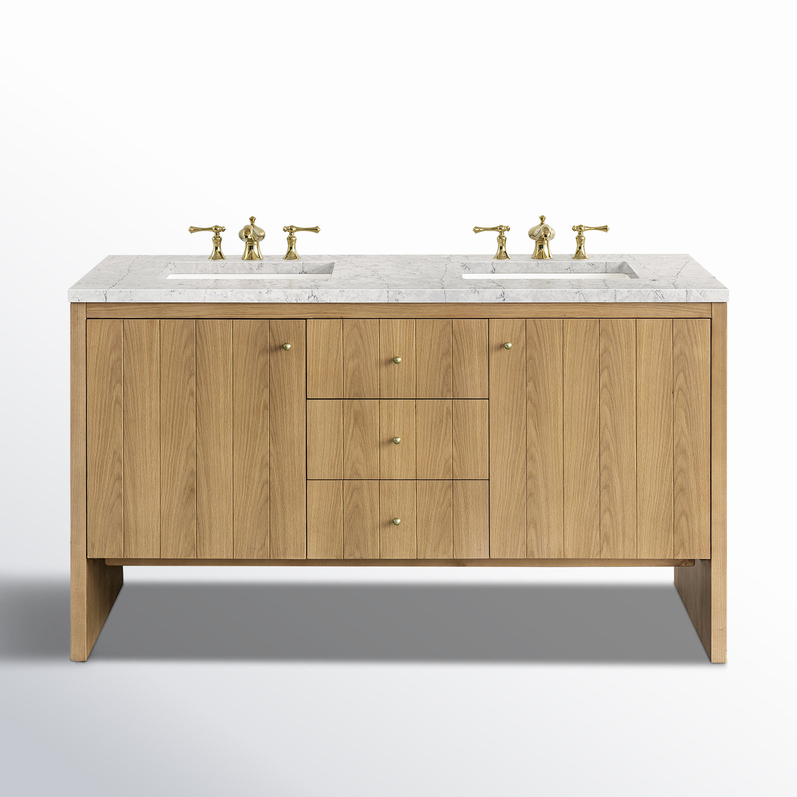 Hudson 60'' Double Bathroom Vanity, Eternal Jasmine Pearl, 8" Widespread, Light Natural Oak
