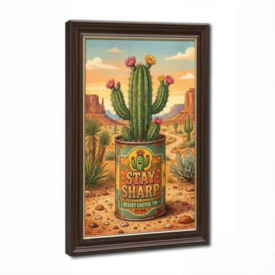 Art mural antique sur toile encadré doré pour le salon, la chambre à coucher, le bureau ou le vestibule - Décoration murale décorative avec cactus du désert