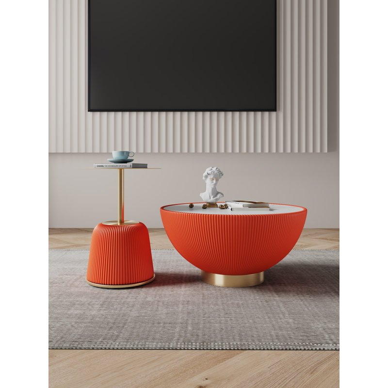 Ensemble de table de salon moderne 2 pièces Anderson avec base en acier inoxydable recouverte de cuir végétalien orange