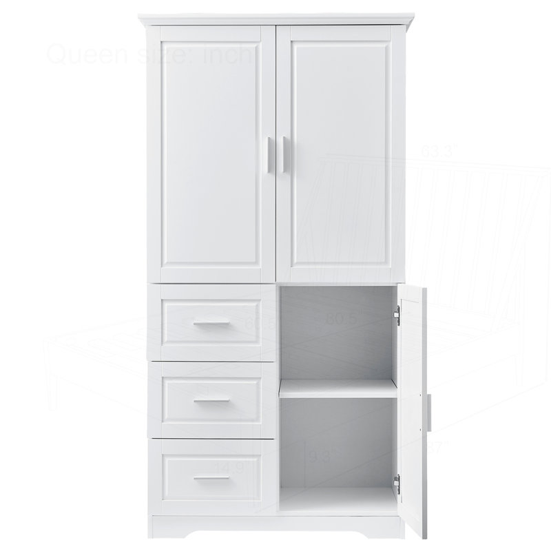 Tall and Wide Bathroom Storage Cabinet with Doors and Three Drawers, White