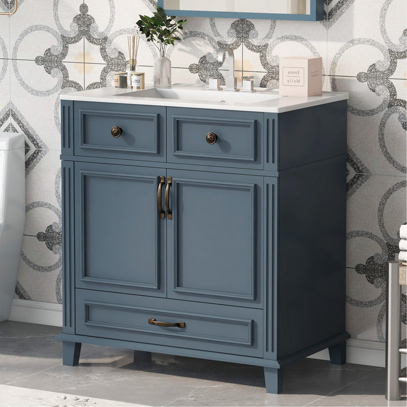 Meuble-lavabo de salle de bain 30 po avec lavabo en céramique, armoire de rangement en bois massif avec portes à fermeture douce, style rétro, bleu