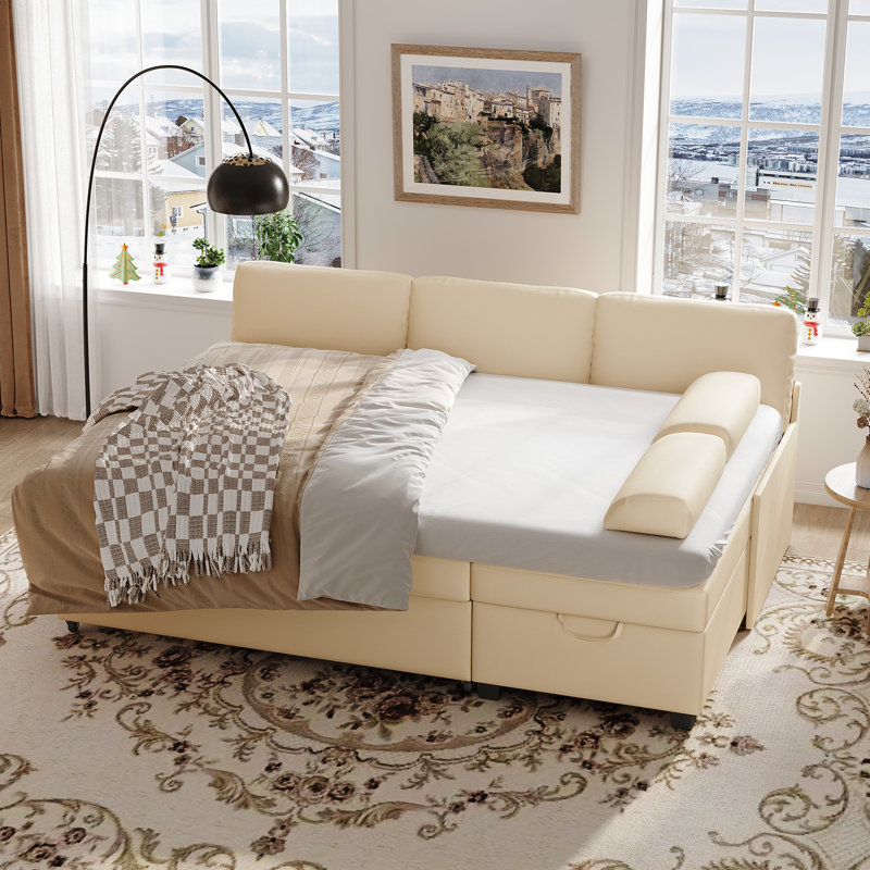 80" L-Shaped Sleeper Sectional Sofa with Pull-Out Bed and Storage Chaise, for Living Room Office, Beige Faux Leather