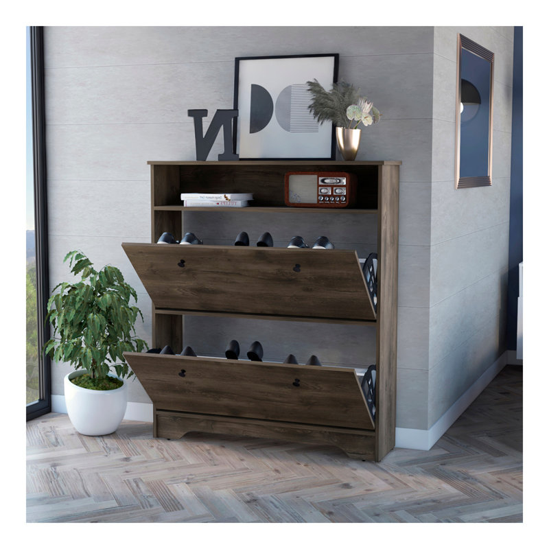 Shoe Rack Dublin, One Open Shelf, Two Extendable Cabinets, Dark Brown