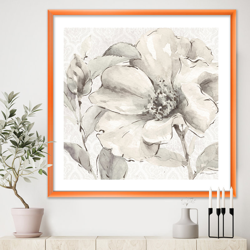 « indigold gris pivoines iv »-cadre photo sur toile, H 16 po x l 16 po x P 1 po, Cadre orangé