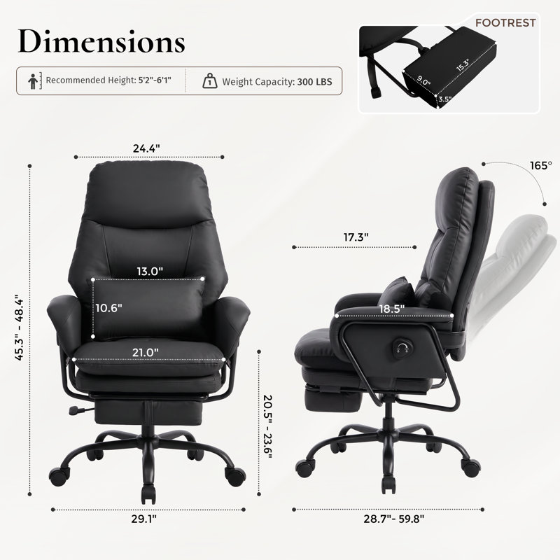 Fauteuil de bureau inclinable avec revêtement en similicuir, dossier inclinable à 4 positions et repose-pieds rétractable