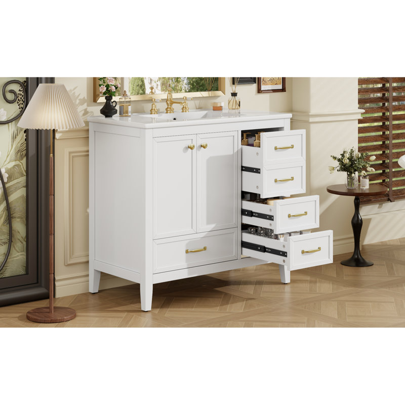 Meuble-lavabo 36 po avec lavabo en céramique, structure en pin massif, finition blanche, tiroirs, solution de rangement multiple pour 36 po en blanc, avec bois, conception lisse, 4 tiroirs