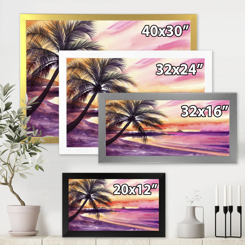 «Pink and Purple Palm Beach Sunset», reproduction sur toile, Toile avec cadre noir, H 30 po x l 40 po x 1,5 po