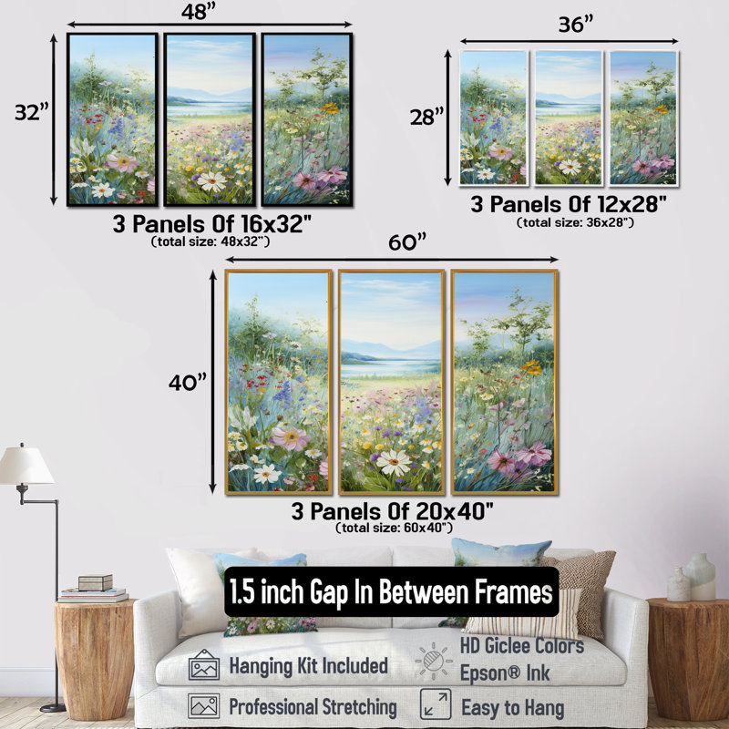 Simplity Wreath Green Flower Field - Ensemble de décoration murale champ de fleurs, H 28 po x l 36 po x P 1 po