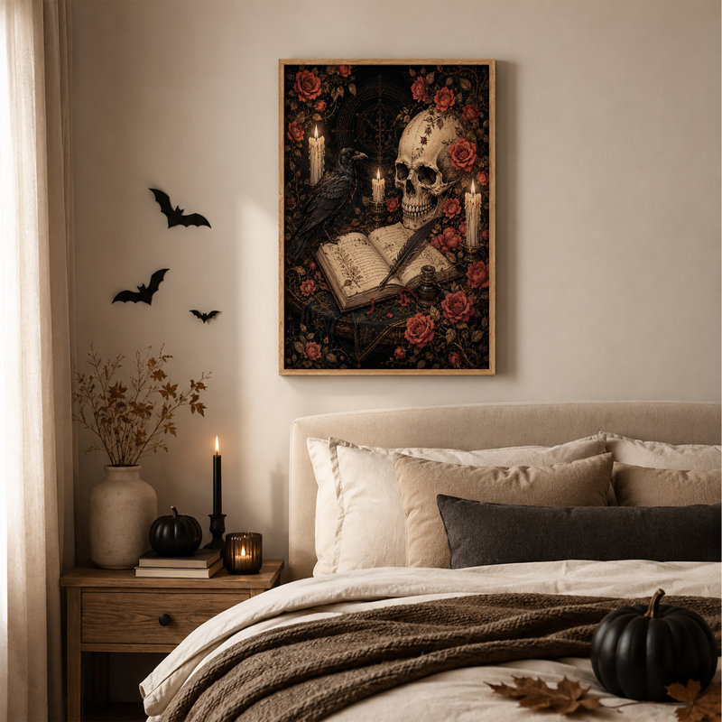 Art mural sur toile gothique crâne et corbeau avec roses rouges et bougies, H 48 po x l 32 po