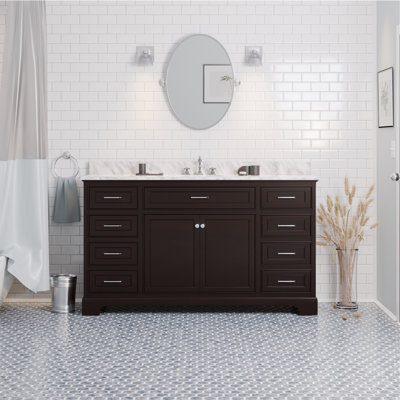 Ensemble de meuble-lavabo simple 60 po avec meuble chocolat et comptoir en marbre de Carrare Ronnie