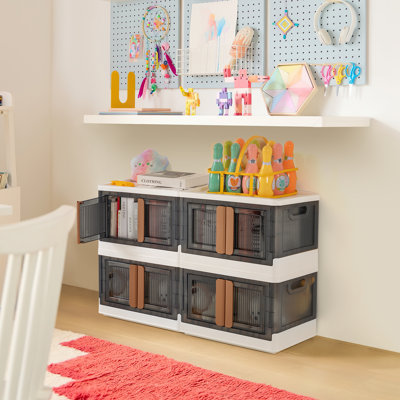 4 Pack Plastic Collapsible Storage Bins with Door and Wheels, Stackable Organizer with Lid and Handle