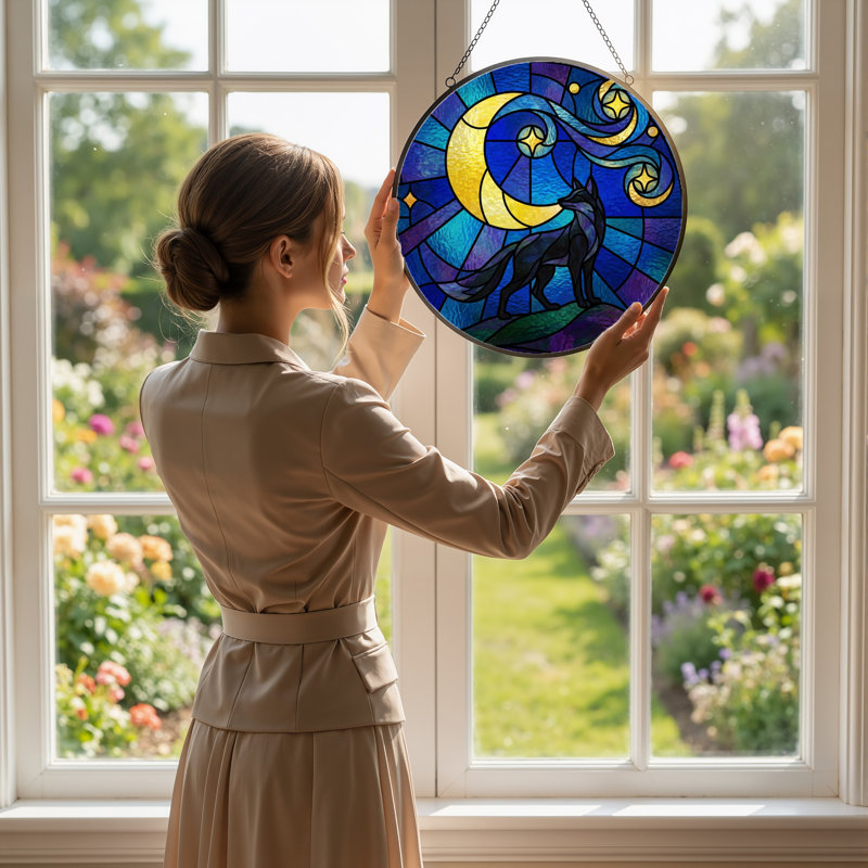 Panneau de vitrail 12 "H Wolf Moon, 12" H x 12" W