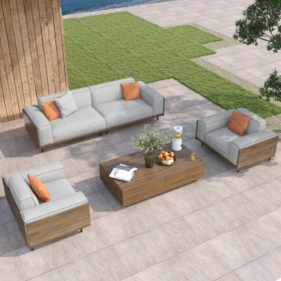 Ensemble de canapés d'extérieur modernes 3 pièces - Comprend un canapé 3 places de 82,67 po et 2 fauteuils surdimensionnés avec housses lavables et décorations en bois - Gris clair
