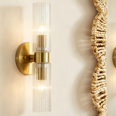 2-Light Brass Bathroom Vanity Light with Textured Glass Shades, Up and Down Wall Sconce