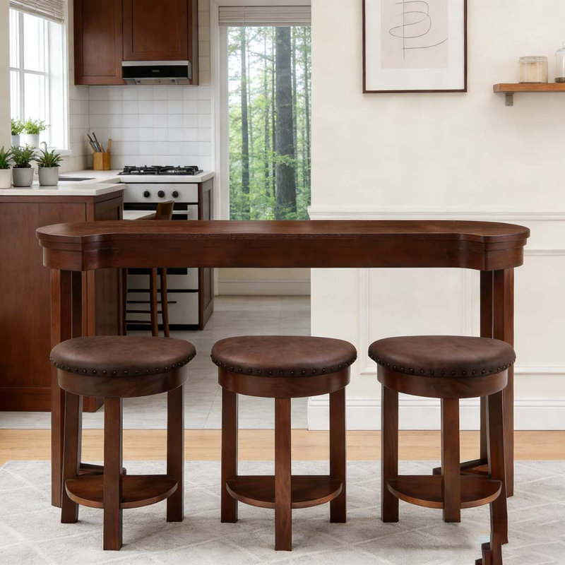 4 Piece Bar Table Set with3 PU Upholstered Bar Stools, Cherry