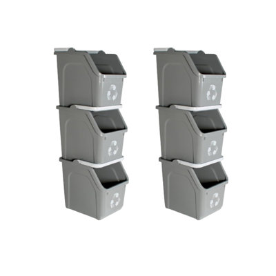 Sturdy Essentials Multi Recycling Bin System With Three Stacking 6 Gallon Bins With Carrying Handles, Stackable And Compact For Offices, Homes, Garages, Businesses - (Grey, 6 Pack)