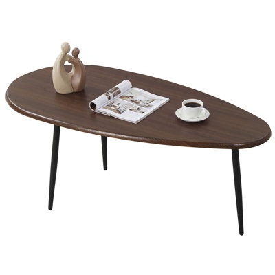 Oval Coffee Table with Sturdy Metal Construction & Compact Design, Retro Sofa Table Walnut