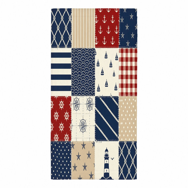 1 serviette de plage nautique en patchwork avec ancres, voiliers, boussoles, phares, étoiles, cordes, guingan et pois dans un motif bleu, blanc et brun clair. Grande microfibre, parfaite pour la piscine, les voyages, unisexe.