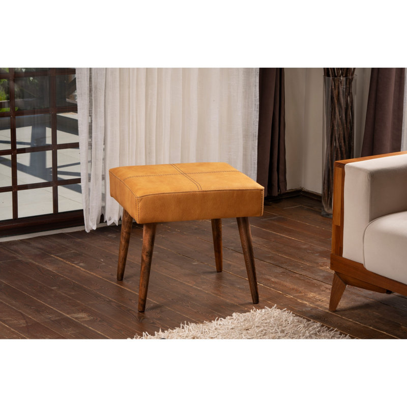 Modern Mustard Pouffe, 18.1 x 17.3 x 18.1 inches | Beech Wood Frame, 100% PU Leather, 32 DNS Foam for Comfort | Easy Clean Fabric, Rustic Scandinavian Design, Perfect for Living Room & Bedroom Décor