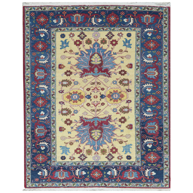 Tapis ivoire et bleu noué à la main de haute qualité