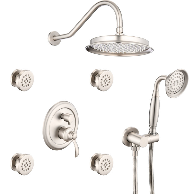 Système de douche en nickel brossé avec jet pour le corps et robinet à bras unique avec douchette puissante, Nickel brossé