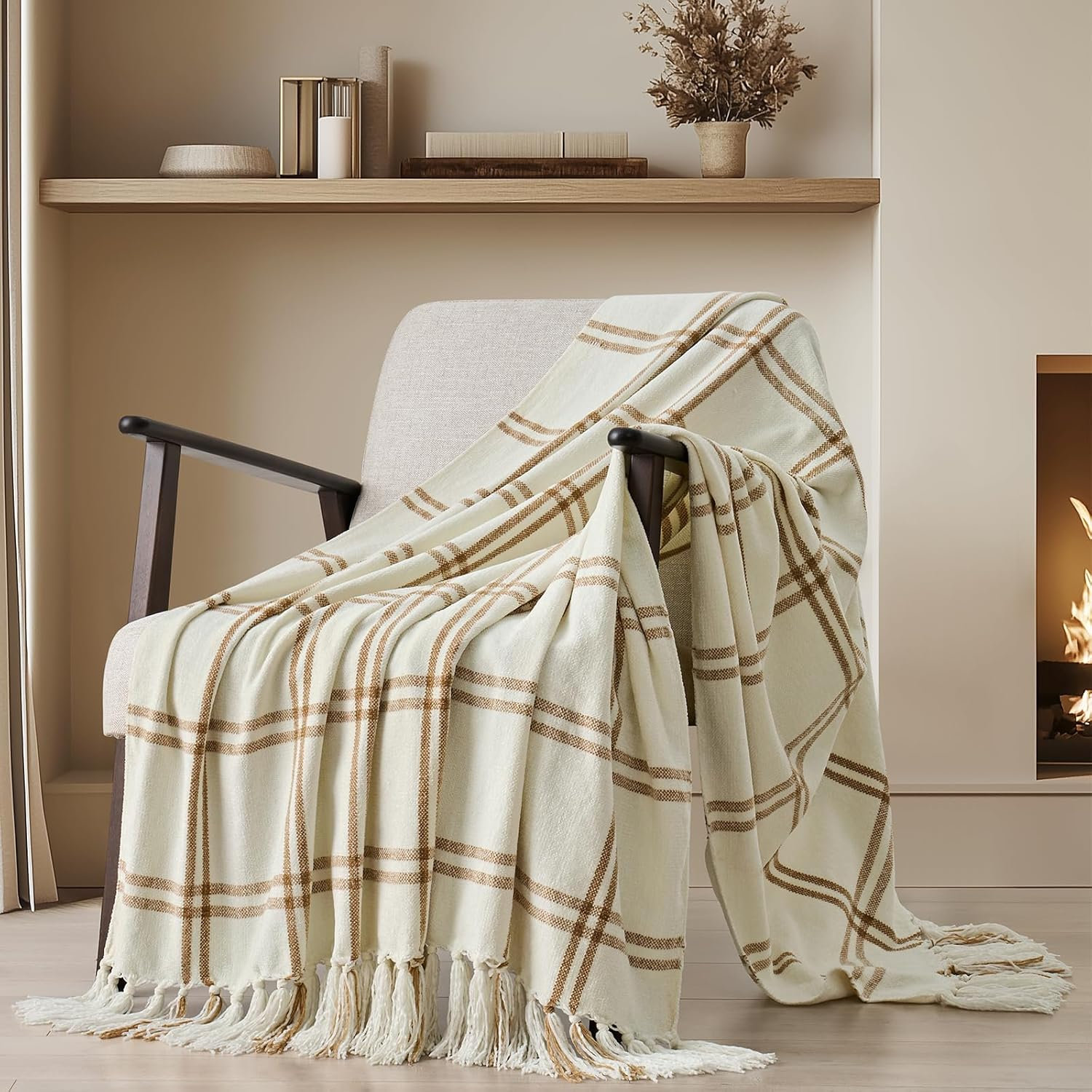 Chenille Throw Blanket, 60" L x 50" W, Cream/Beige Plaid