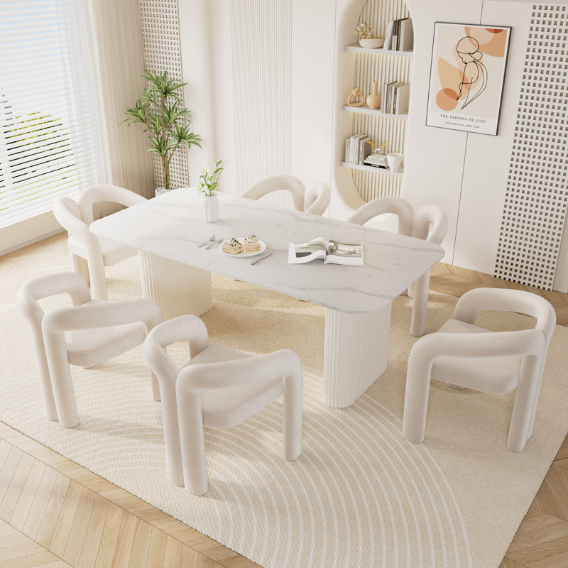 Ensemble de table de salle à manger à double piédestal en marbre blanc, Beige, 7