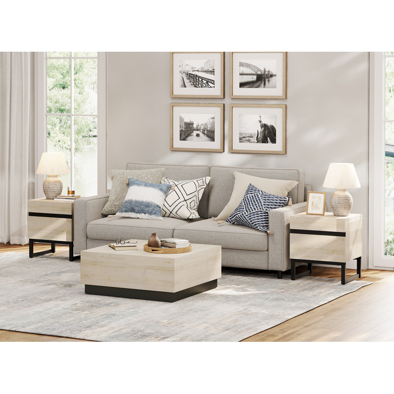 Lovett Modern End Table With 2 Drawers, Farmhouse Sofa Table, Wooden Rustic Side Sofa Table With Metal Leg For Living Room, Nighstand For Bedroom