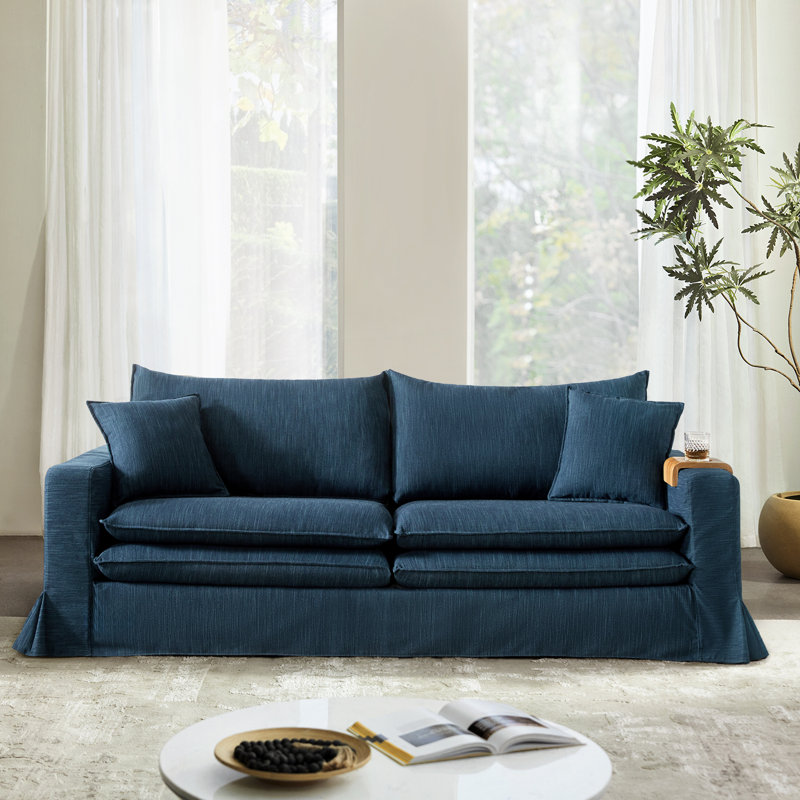 Wimberly 87" Upholstered Slipcovered Sofa With Solid Wood Cup Holder, Navy
