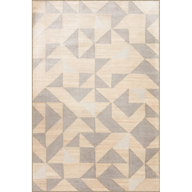 Tapis décoratif à motif géométrique triangulaire beige et gris, Rectangle 4 pi 11,06 po x 7 pi 6,55 po