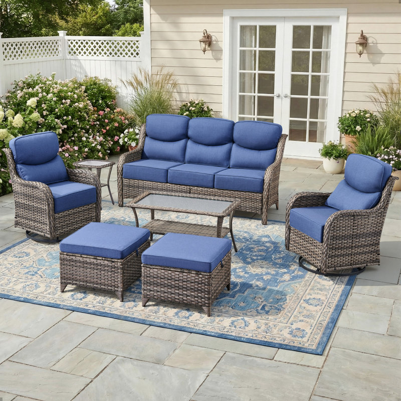 7 - Person Luxury Wicker Patio Furniture Set With Coffee Table & 6-Inch Extra-Thick Cushion Swivel Chairs, Side Table, Gray